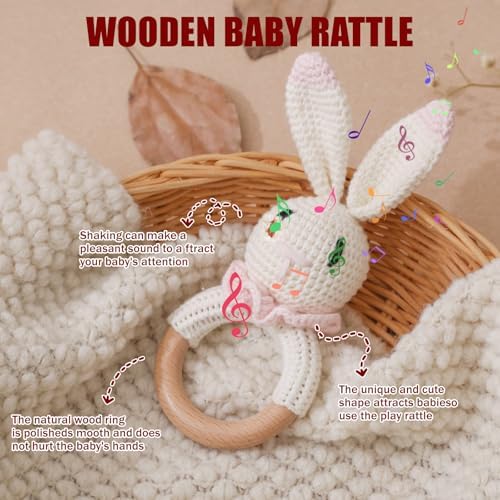 Wooden Baby Rattle, Crochet Pink Bunny Rattle, Newborn Wooden Animal Rattle Toy, Infant Rattle Toys, Pink Bunny - Image 2