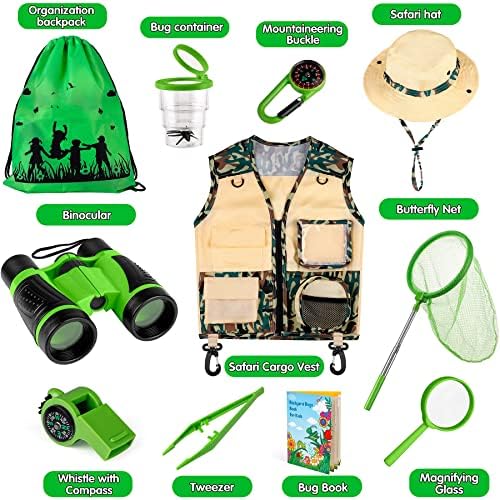 INNOCHEER Kids Explorer Kit & Bug Catcher Kit & Safari Costume Kit, Outdoor Exploration Set with Hat, Vest, Butterfly Net and Bugs Book for Boys Girls 3-12 Years Old (Camouflage Green) - Image 6
