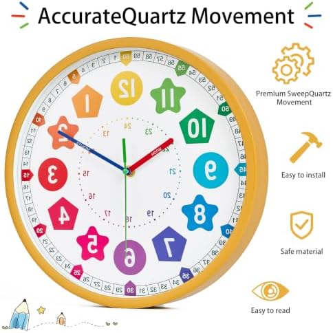 HZDHCLH Kids Wall Clock for Learning to Tell Time 8 Inch Silent Non Ticking Analog Clock with Colorful Shape Numbers Battery Operated Educational Clock for Classroom, Bedroom,Homeschool(Wood Grain) - Image 3