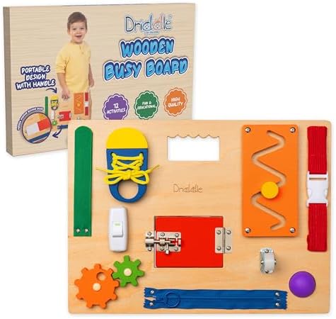 Driddle Busy Board - Wooden Montessori Activity Board for Toddlers & Kids - 12 Educational Sensory Toys to Learn Basic Life Skills & Develop Fine Motor Skills + Baby Mirror by Driddle