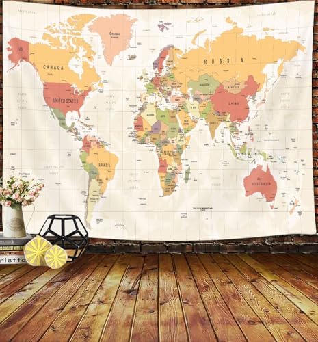 JAWO World Map Tapestry, Map of the World with Countries and Major Cities Wall Tapestries for Kids Student, World Map of the World Tapestry 60X40 Inch(Yellow) by JAWO