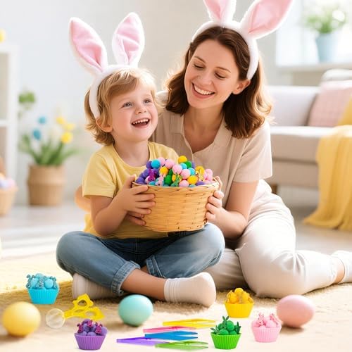 EZdhuawuse Summer Sensory Bin Fillers - 268P Summer Bunny Fine Motor Toys Rabbit Counting Sorting for Kids, Counting Toy with Shiny Bunny Pom Poms Cup Clip for Preschool Education Activities - Image 5