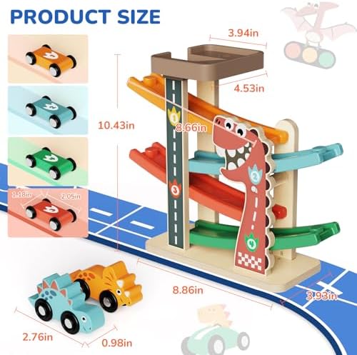 Wooden Dinosaur Car Ramp Toy with Road Puzzle and 6 Cars, Ages 18M+ - Image 3
