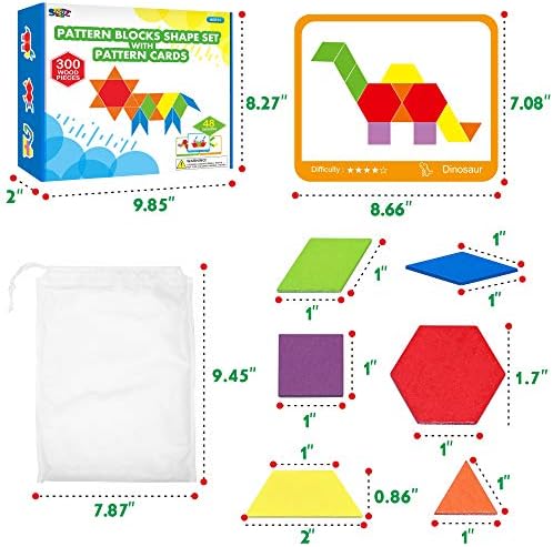 SpriteGru 300 PCS Wooden Pattern Blocks Set for Kids with 24 Double-Sided Design Cards(48 Patterns) and Storage Bag in Gift Box,Fun Montessori Learning Toys - Image 3