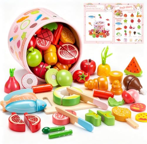 WHOHOLL 45 Pcs Wooden Play Food Cutting Toys for Kids Kitchen, Pretend Fruit and Vegetable Set with Storage Bucket, Play Kitchen Accessories Birthday Gift for Boys Girls Ages 3 4 5 6 by WHOHOLL