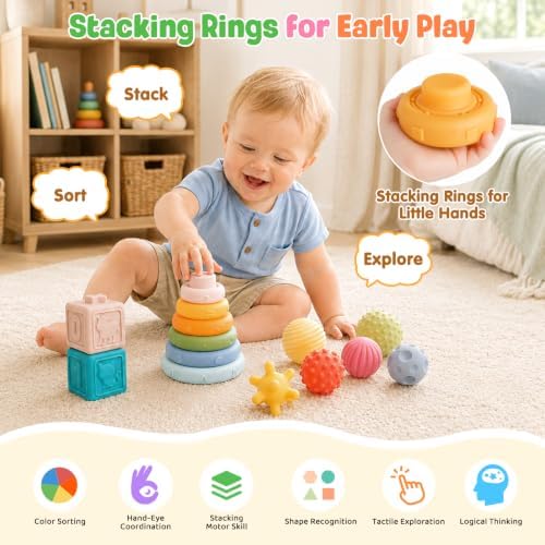 Weilim Montessori Baby Toys 18 Months+, 3-in-1 Stacking Blocks Rings Balls - Image 4
