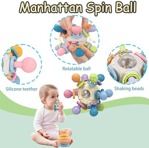 Baby Toys 0-6-12 Months,Montessori Toys for babise 0-6-12-18 Months,Incl Pull String Toy & Shape Sorter & Stacking Building Block & Manhattan ball & Baby Blocks，montessori baby toys for 1 + year - Image 5