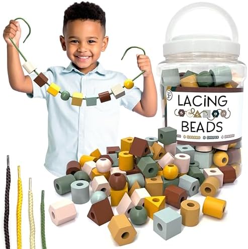 Blu Jay Wooden Lacing Beads & Strings 125 Pieces, Fine Motor Skills Toys for 3 Year Old, Fine Motor Toys, Toy Lacing Beads for Toddlers - Boho Colors by BluJay