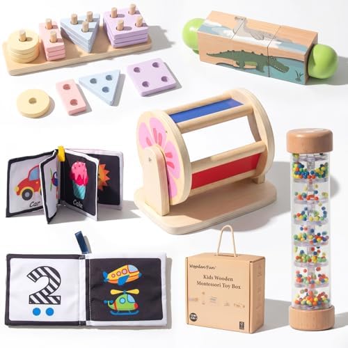 WOODENFUN Wooden Montessori Baby Toys Play Kit, Newborn Learning Set by WOODENFUN