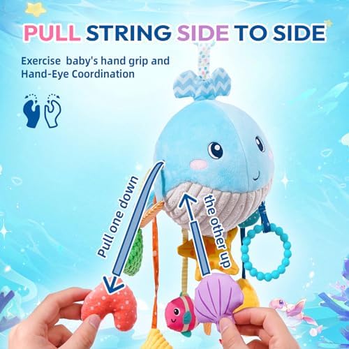 Jollybaby Activity Pull String Hanging Toy for Baby Stroller Car Seat Crib Play Gym, Plush Stuffed Ocean Whale Toy for Carseat with Teether Rattles, Montessori Sensory Toy for Baby Gift - Image 3
