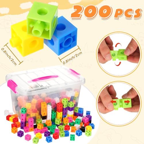 Jenaai 200 Pcs Math Cubes Counting Blocks Linking Connecting Cubes Math Manipulatives with Storage Container Educational Toy for Kids Age 4-8 Kindergarten STEM Activities Preschool(Pink) - Image 2