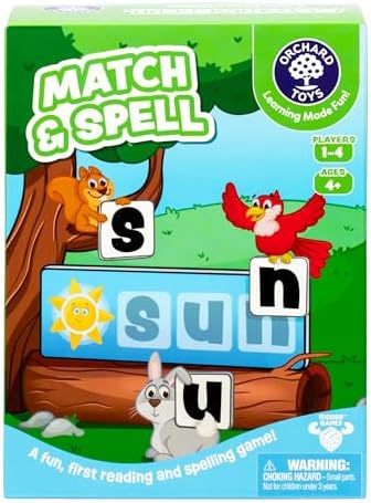 Orchard Toys Match & Spell Game - New Art, Develop Your Children's Early Reading and Spelling Skills in This Updated, Fun Word-Building, 2 Ways to Play, for Ages 4+, Single or Multiplayer by OrchardToysMooseGames