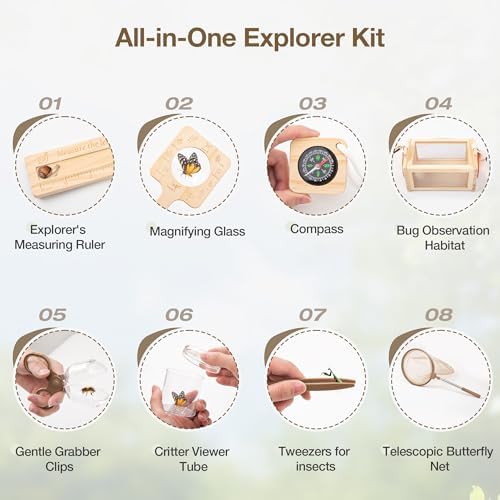 Wooden Bug Catcher Kit for Kids, 16-in-1 Outside Toys for Toddlers STEM Outdoor Explorer Set with 3-Way Observation Habitat, Butterfly Net, Magnifying Glass, Educational Gift for Boys Girls Ages 3-8 - Image 4