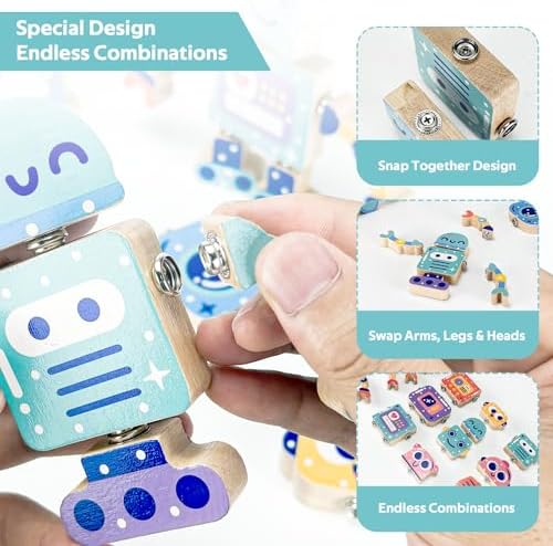 Wooden Robot Building Toys for Kids, Snap-Together STEM Blocks Playset, Take Apart Educational Toy for Toddlers Ages 3-8, Montessori Fine Motor Skills Toy Gift for Boys Girls - Image 3