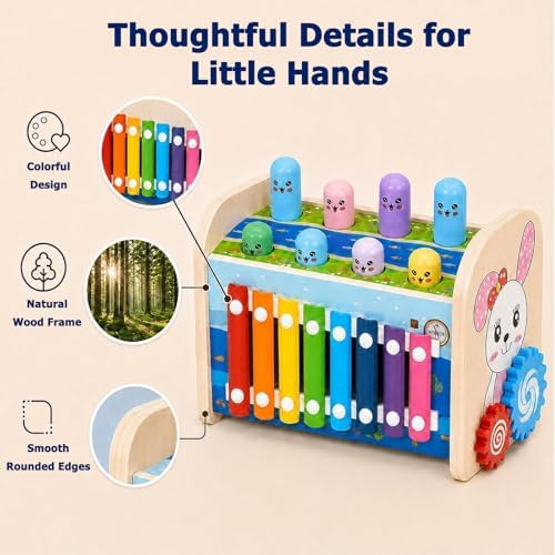 4-in-1 Wooden Hammering Toy with Xylophone, Clock and Gears, Ages 3+ - Image 5