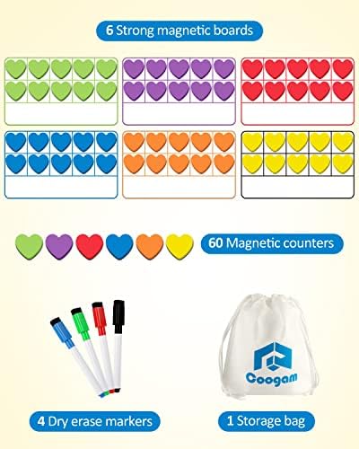 Coogam Magnetic Ten Frame Set, Math Manipulative Games for Kids with 6 Ten Frames 60 Magnetic Math Counters, Montessori Educational Toy Gift for Preschool Kindergarten 3 4 5 Year Old Toddlers - Image 2