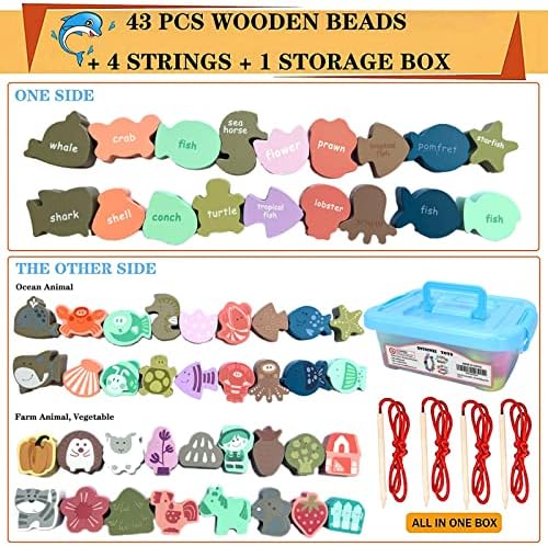 Educational Wooden Threading Beads Toys for Toddlers,47 PCS Stringing Animals Ocean Farm Preschool Lacing Beads,Montessori Toys for Kids 3 4 5 6 Year Old Boys Girls… - Image 2