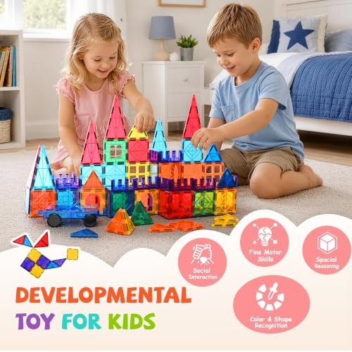 cossy 220Pcs Magnetic Tiles Magnetic 3D Building Blocks Set, Construction Toys for 3 4 5 6 7 8 Year Old Boy and Girl with Stronger Magnets, Educational Toys, Recreational, Conventional - Image 2