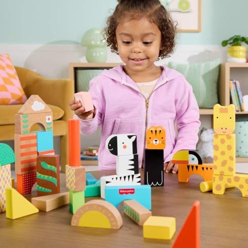 Fisher-Price Wood Toddler Toy Jungle Blocks, 50-Piece Wooden Animal Building Set for Preschool Pretend Play Kids Ages 2+ Years - Image 2