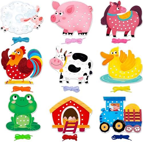 SpriteGru 9 PCS Farm Theme Lacing Cards, 9 Double Sided Sewing Cards with 9 Colorful Laces, Imagination Development Lacing Toys Educational and Learning Activity for Preschoolers, Kids by SpriteGru