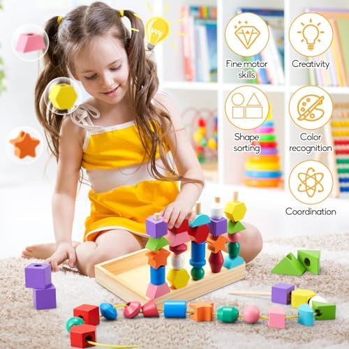 Montessori Wooden Toys, Lacing Beads & Stacking Block & Matching Shape Stacker, Montessori Wooden Beads Sequencing Toy Set, STEM Preschool Learning Toy Birthday Gift for 2 3 4 Year Old Toddler Gifts - Image 6