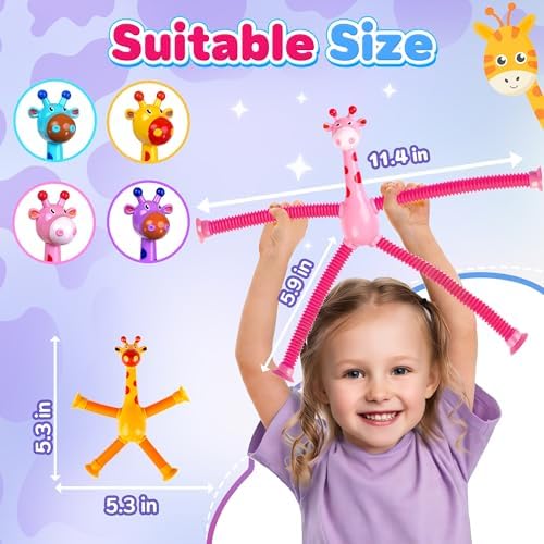 Giraffe Sensory Travel Toys 4Pcs for Road Trip Car Ride Airplane Toddler Girl Year Old Ages 3 4 5 6 7 8, Suction Autism Pop Tube Fidget Toy Autistic Valentines Day Stocking Easter Basket Stuffer Gift - Image 2