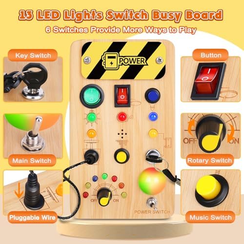 TINTECUSA Busy Board Montessori Toys for Toddler, Wooden Sensory Board Switch Toy with Color-Changing LED Light Up Travel Toys Educational Plane Travel Activity for 1-6 Year Old Girls & Boys Gifts - Image 3