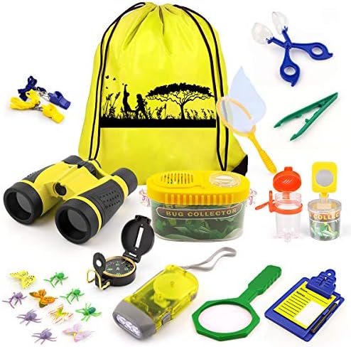 24 Pcs Kids Explorer Kit & Bug Catcher Kit for Kids, Outdoor Toys Adventure Camping Kit with Drawstring Bag, Binoculars, Compass, Butterfly Net, Educational Nature Exploration Toys Gift for Boys Girls by kaqinu
