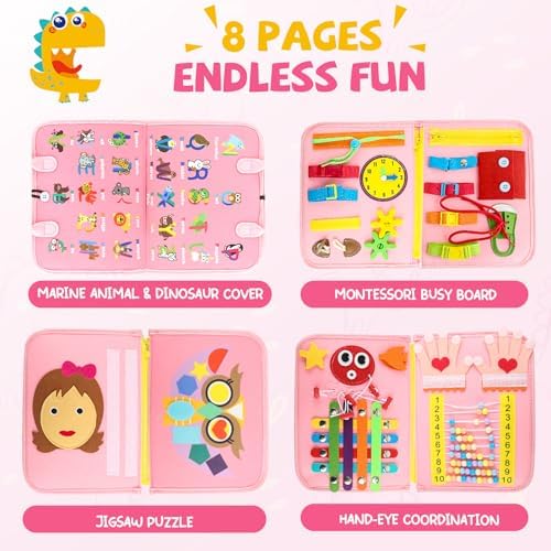 Toddler Busy Board, Montessori Sensory Toys for Boys, 3-8 Year Old Girl Toddler Travel Toys, Educational Learning Activities Board for Motor Skills, Birthday Gifts for Airplane Car, Pink - Image 3