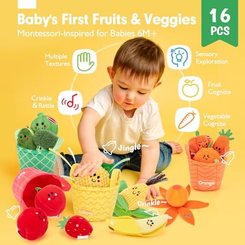 hahaland Baby Tissue Box Toy and Sensory Toys - 16 PCS My First Fruit Vegetable Color Sorting Play Food, Baby Toys 6-12 Months Montessori Toys for 6 Month Old, Boy Girl Shower Gifts for Babies - Image 7