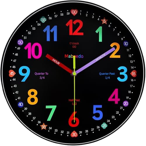 Colorful Teaching Wall Clock, 8 Inch Learning Classroom Clock, Battery Operated Silent Analog Clocks for Bedroom Classroom Decor, Homeschool Supplies Telling Time Teaching Clocks for Kids by MABPEDO