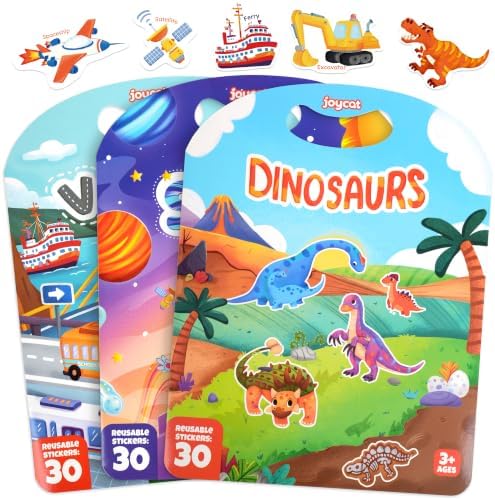 JoyCat Reusable Sticker Books, 3-Pack, Dinosaur Vehicle Space, 90 Stickers by JOYCAT