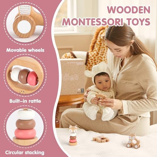 FReniland Wooden Montessori Baby Toys Set, 5-Piece Newborn Gift Set with Koala Rattle, Fox Stacking Rings & Push-Pull Toy for Boys and Girls - Image 2