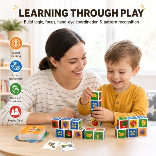 Fruit Matching Game with Blocks, 2-4 Player Battle Blocks Race Toy with 100 Challenge Cards and Buzzer, Memory Matching Puzzle Board Game, Montessori Preschool Learning Toy for Kids 3+ - Image 2
