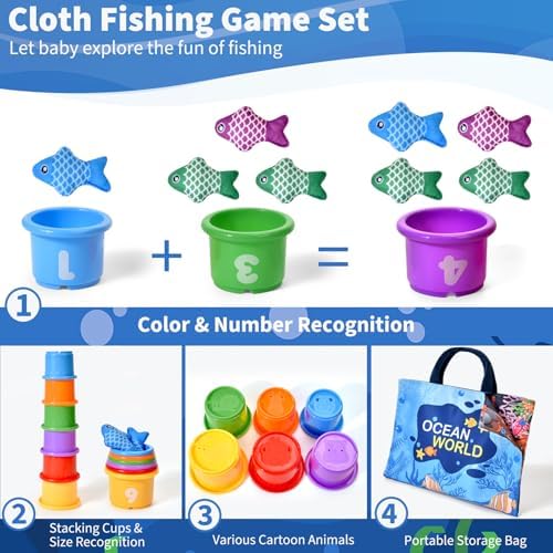 Montessori Toys for 1 Year Old - 20PCS Cloth Toddler Fishing Game with Stacking Cups,Baby Color Sorting Toy 12-18 Months One Year Old Birthday Gift,Best Easter Gifts for 1-3 Year Olds (Blue) - Image 6
