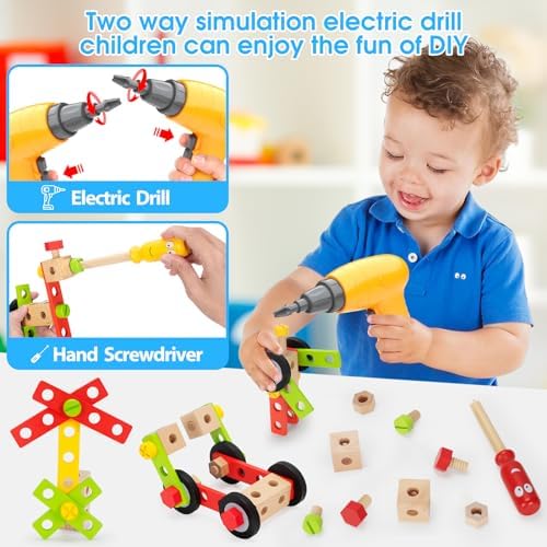 Kids Tool Set with Electric Drill, 46 Pcs Wooden Toddler Play Tools Set with Tool Box, Montessori STEM Educational Construction Building Toy for 3 4 5 6 Year Old Boys Girls Birthday Gifts - Image 3