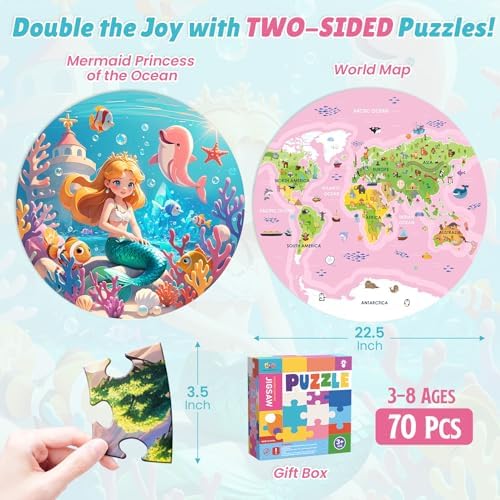 Floor Puzzles for Kids Ages 3-5, 70 Piece Jumbo Mermaid & World Map Puzzles - Image 2