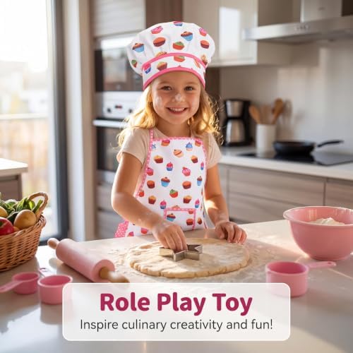 Kid Apron and Chef Hat Set 2 Pcs, Adjustable Kids Cooking Baking Apron for Toddlers 3-8, Childrens Pretend Play Chef Costume Role Play Toy for Boys Girls, White - Image 5