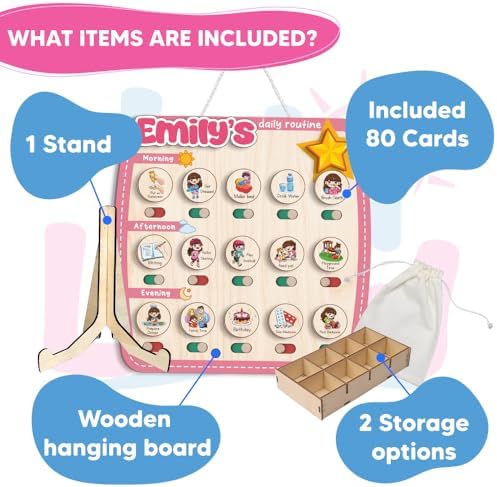 Personalized Wooden Chore Chart for Kids, Daily Routine Chart for Toddlers, Visual Schedule for Kids Age 3-5, Morning Bedtime Routine for Girls (09) - Image 2