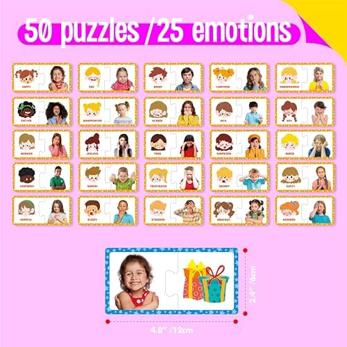 Feelings & Emotions Puzzle Cards, 50PCS Puzzles with Different Moods-Learn to Identify Various Feelings, Learning Toy for Kids with Autism, ADHD -Educational Tools for Therapy, Classroom, Home Use - Image 2