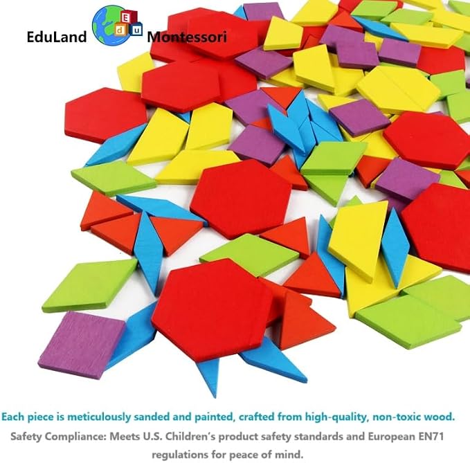 Math/Sensorial - Shapes Construction Set 155 Pcs Wooden Pattern Blocks Geometric Shape Puzzle Classic Educational Montessori Tangram Shapes Toys for Kids Ages 3-8 with 24 Pcs Cards - Image 6
