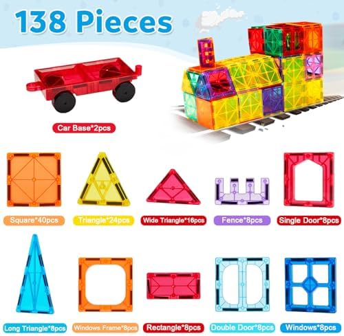 Ryoichi 138PCS Magnetic Tiles Set with 2 Cars for Kids Ages 3-9+ Years - Image 2