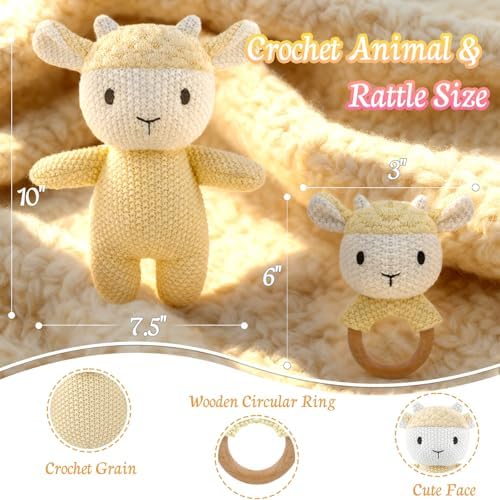 10" Crochet Sheep Stuffed Animal with Rattle, Pure Cotton Soft Crochet Doll Plush Toy for Newborn, Handmade First Birthday Gift - Image 2
