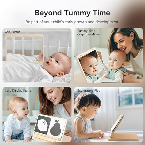 IEATFO Tummy Time Play Set | Large Baby Safe Mirror and Card Display Stand | Wooden Spinning Drum & Rolling Rattle - Image 3