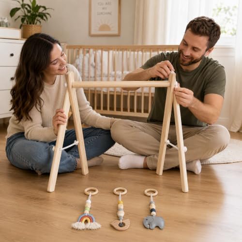 Wooden Baby Gym with 3 Handmade Hanging Toys, Natural Solid Wood Baby Play Gym for Tummy Time & Sensory Play, Foldable No-Tools Activity Gym for Babies 0-12 Months, Baby Shower Gift - Image 4