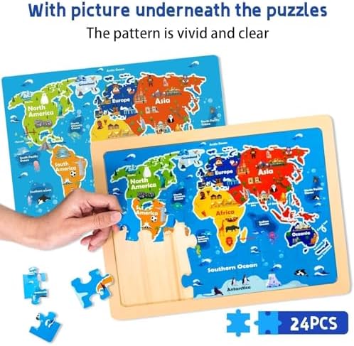 Wooden Puzzles for Toddlers 3-5,6 in 1 Jigsaw Wooden Solar System Puzzles for Ages 4-6,Preschool Educational Brain Toys Birthday Gifts for Boys and Girls 2 4 3 5 Year Old（World Map） - Image 4