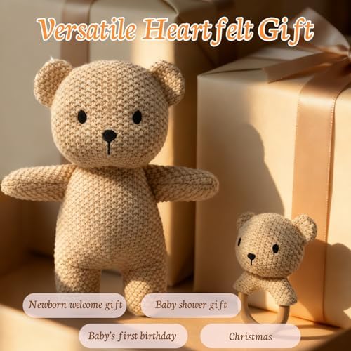 10" Crochet Bear Stuffed Animal with Rattle, Pure Cotton Soft Crochet Doll Plush Toy for Newborn, Handmade First Birthday Gift - Image 5
