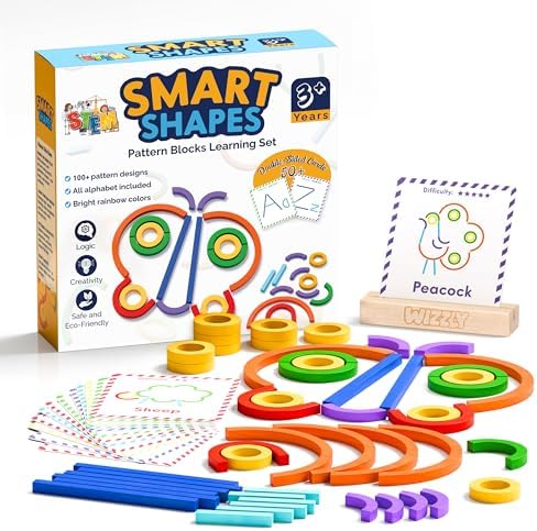 182pcs Wooden Montessori Smart Sticks and Rings Puzzle Game for Kids, Wooden Pattern Blocks Learning Set with 50+ Double-Sided Cards, A-Z Alphabet Cards, Fine Motor STEM Toy for Ages 3+ by Unknown