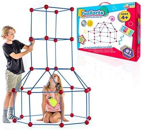 Power Your Fun Fun Forts Kids Tent - 81 Pack Fort Building STEM Toys Kit, Construction Toys Play Tent Indoor and Outdoor Playhouse for Kids with 53 Rods and 28 Spheres (Red, Blue) by PowerYourFun
