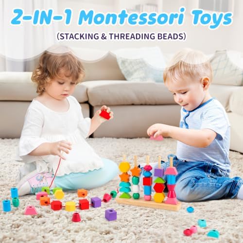 Montessori Wooden Beads Sequencing Toy Set, Stacking Blocks & Lacing Beads & Matching Shape Stacker, Montessori Toys for 3 4 5 Year Old STEM Preschool Learning Toys Gifts for Kids Boy Girl Toddler - Image 4